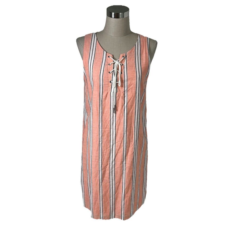 Everly Womens Shift Dress Peach White Stripe Vacation Resort Nautical Tie‎ Small